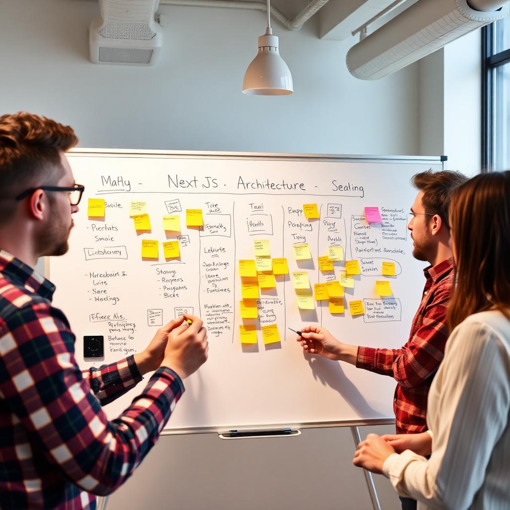 Team mapping Next.js architecture on whiteboard