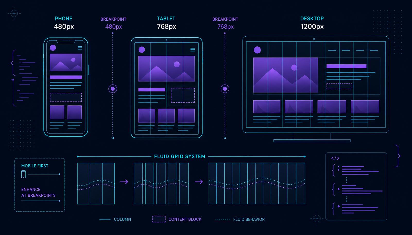 Breakpoint diagram: phone 480px, tablet 768px, desktop 1200px with fluid grid