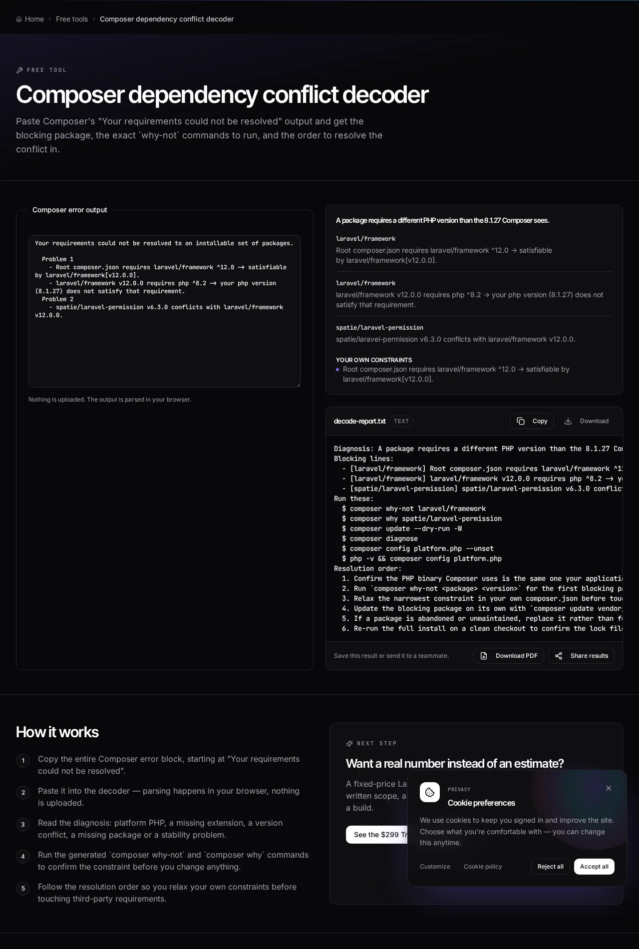 The Composer dependency conflict decoder with a pasted resolver error on the left and the blocking package, why-not commands and resolution order on the right
