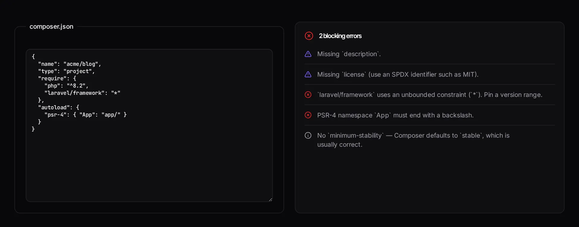 The composer.json validator listing schema errors, version constraint warnings and suggested fixes