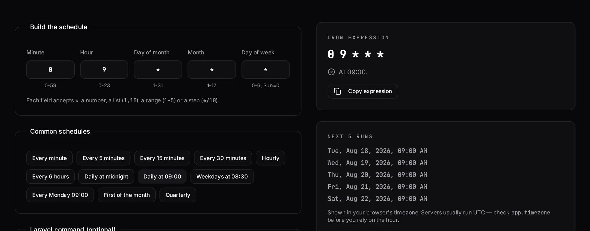 The cron expression generator showing a schedule builder, the generated expression and the next five run times