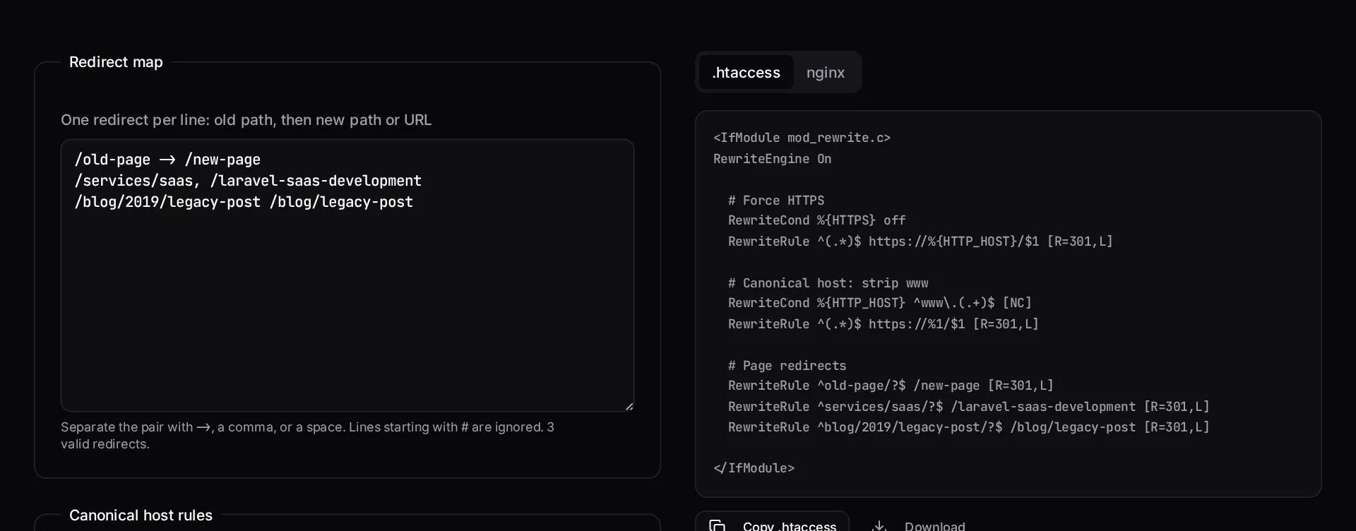 The htaccess redirect generator with a redirect map on the left and generated Apache and nginx config on the right