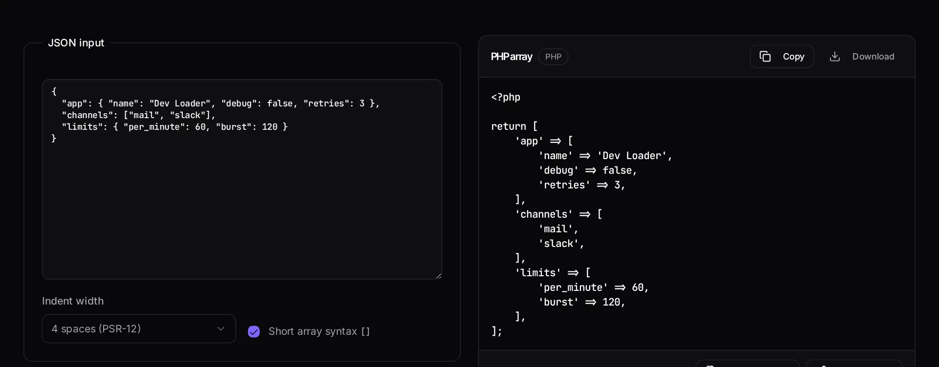 The JSON to PHP array converter with a JSON payload on the left and short-syntax PHP array output on the right