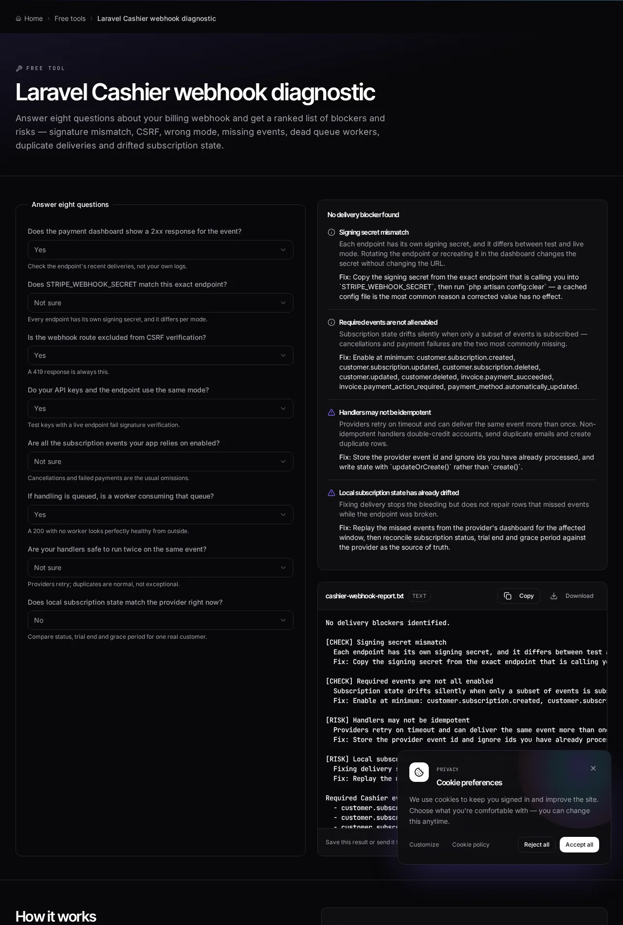 The Laravel Cashier webhook diagnostic with eight configuration questions answered on the left and ranked blockers and risks listed on the right