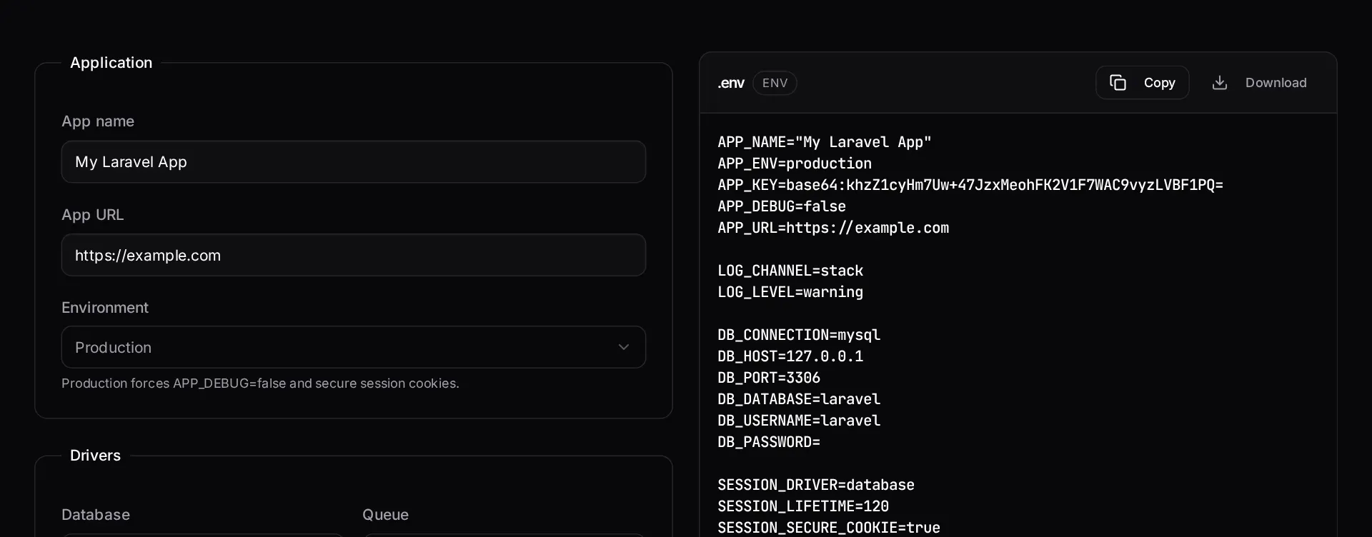 The Laravel .env generator with database, mail and queue options selected and the generated env file on the right