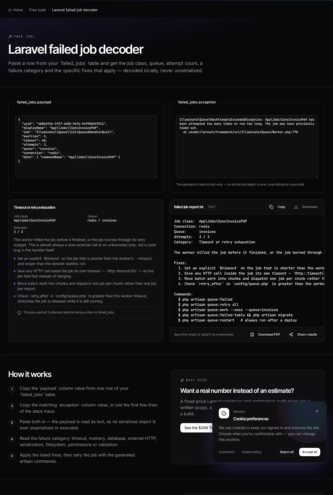 The Laravel failed job decoder showing a pasted failed_jobs payload and exception, with the decoded job class, queue, attempts and failure category