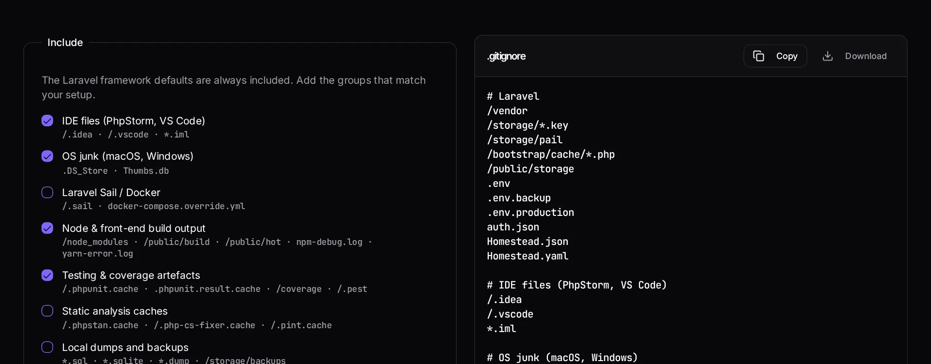 The Laravel .gitignore generator with framework, editor and OS options toggled and the generated file on the right