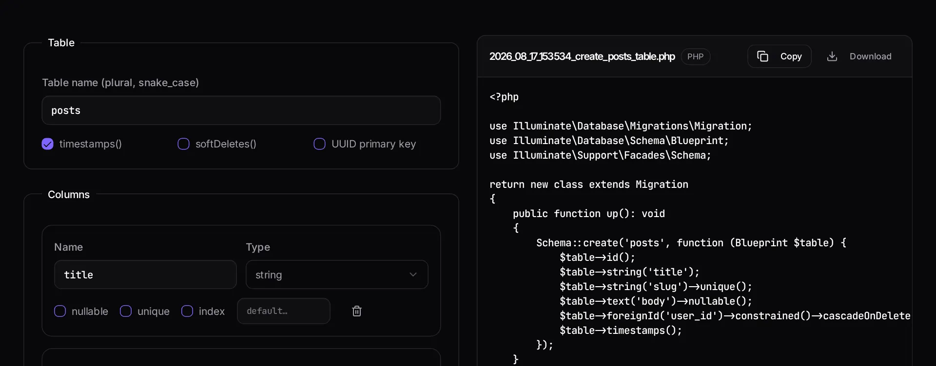 The Laravel migration generator with column definitions on the left and the generated migration class on the right