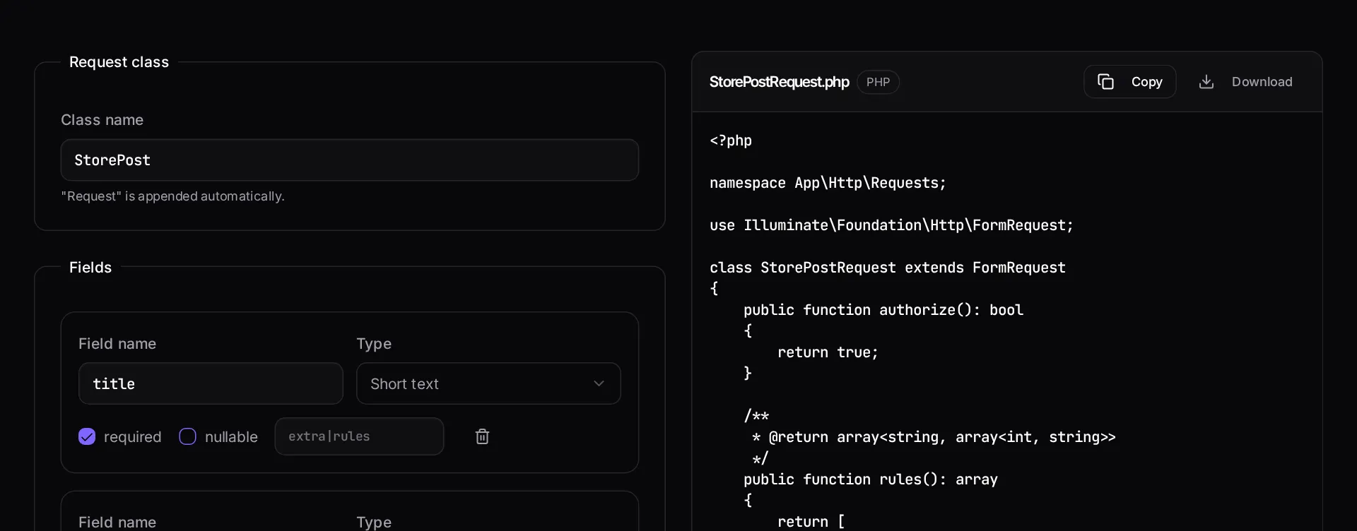 The Laravel validation rule builder with field rules selected and the generated FormRequest class on the right