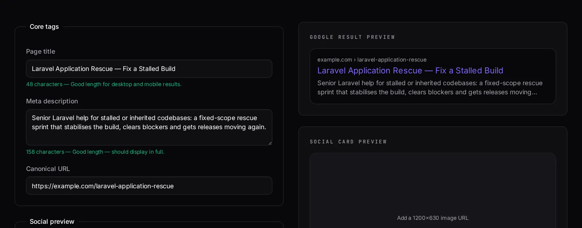 The meta tag generator with title, description and image fields filled in, next to a live Google and social preview