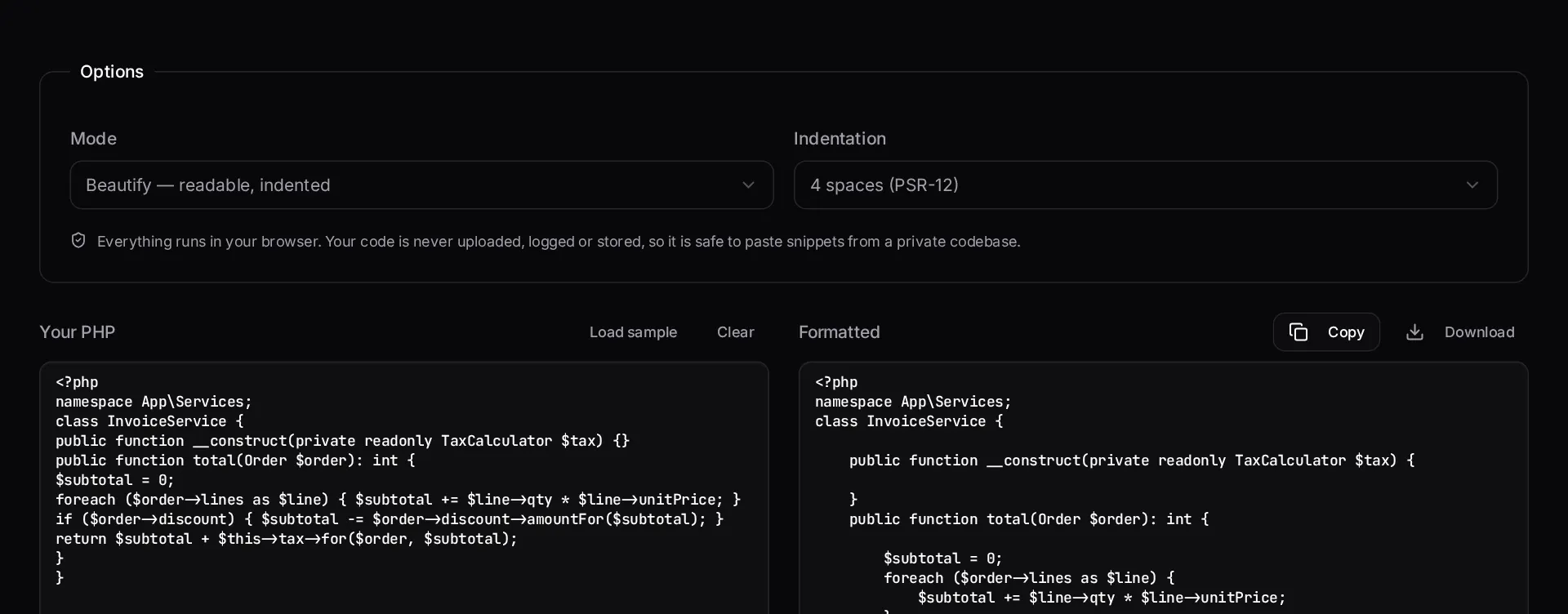 The PHP formatter showing unformatted source on the left and PSR-12 formatted output on the right