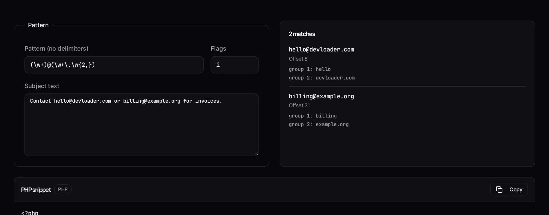 The PHP regex tester showing a pattern, a subject string and highlighted matches with capture groups