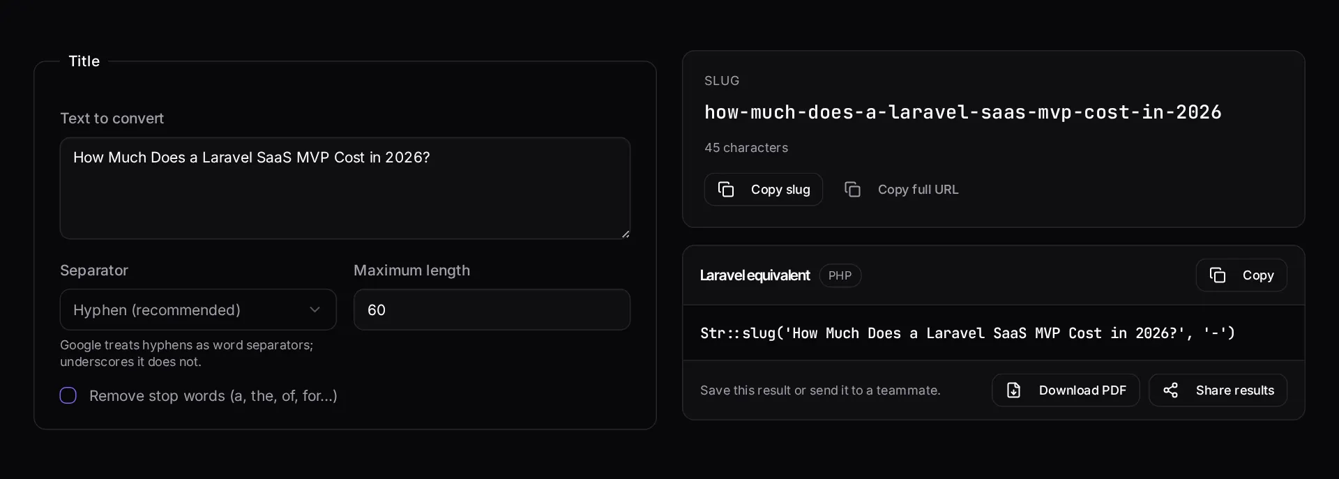 The slug generator converting a headline with accents and punctuation into a clean URL slug