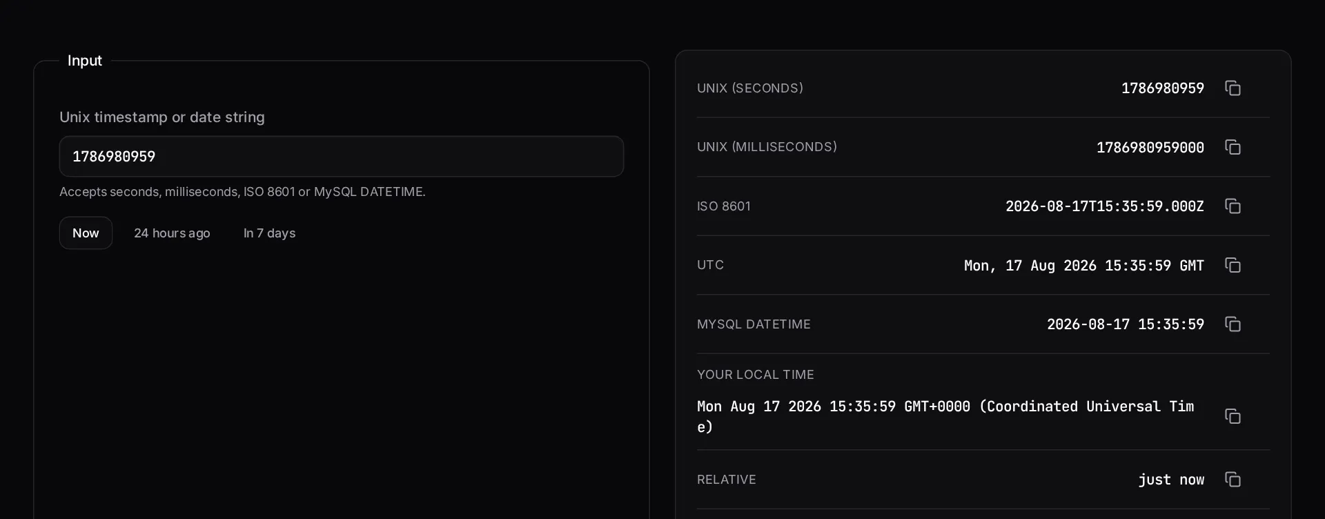 The Unix timestamp converter showing an epoch value converted into UTC, local and ISO 8601 formats