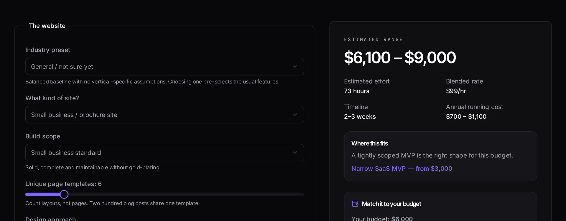 The website cost calculator with page count, CMS and design options selected, showing a price range and what is included
